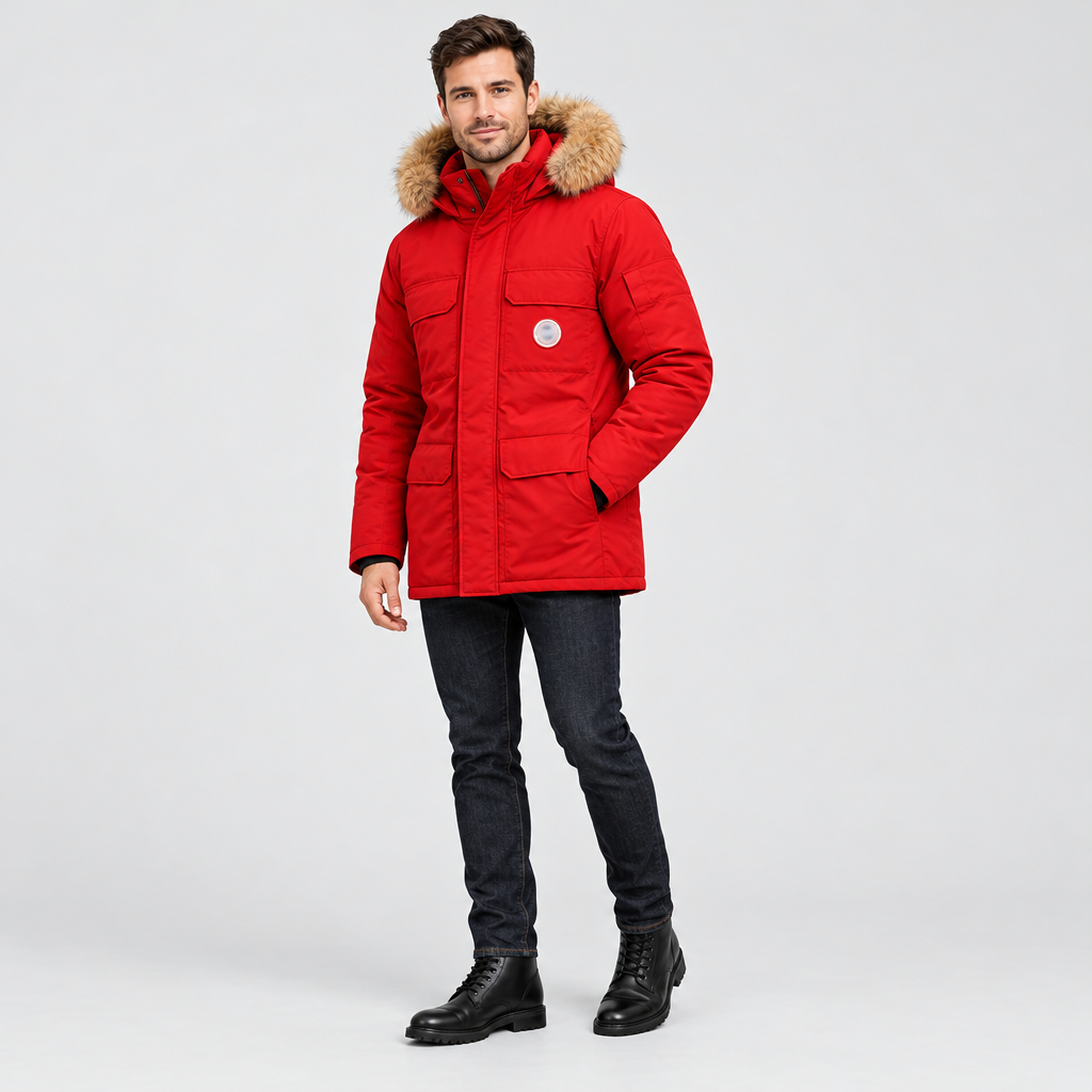Model wearing the red down filled parka jacket with faux fur hood, jeans and boots