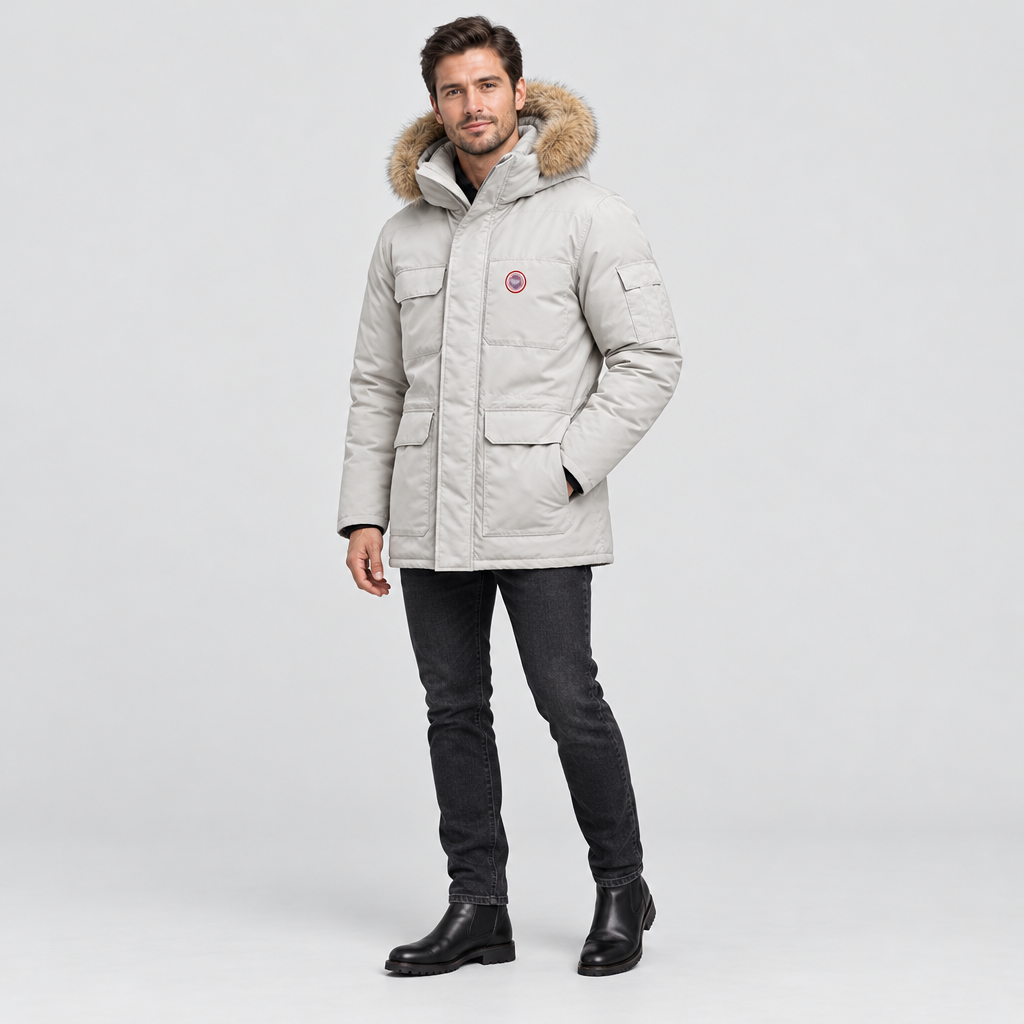 Model wearing the white down filled parka jacket with faux fur hood, jeans and boots