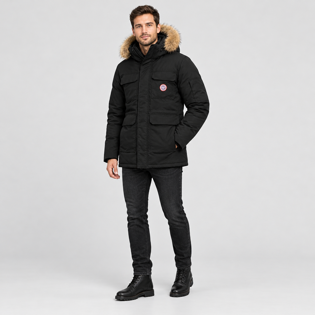 Model wearing the black down filled parka jacket with faux fur hood, jeans and boots