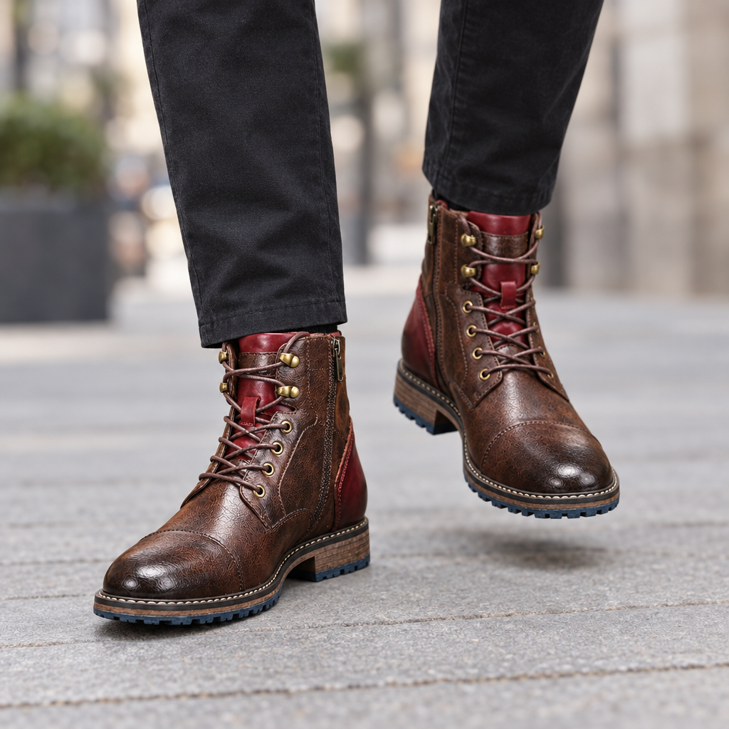 Brown lace up boots with side zip worn on a city street, mid step