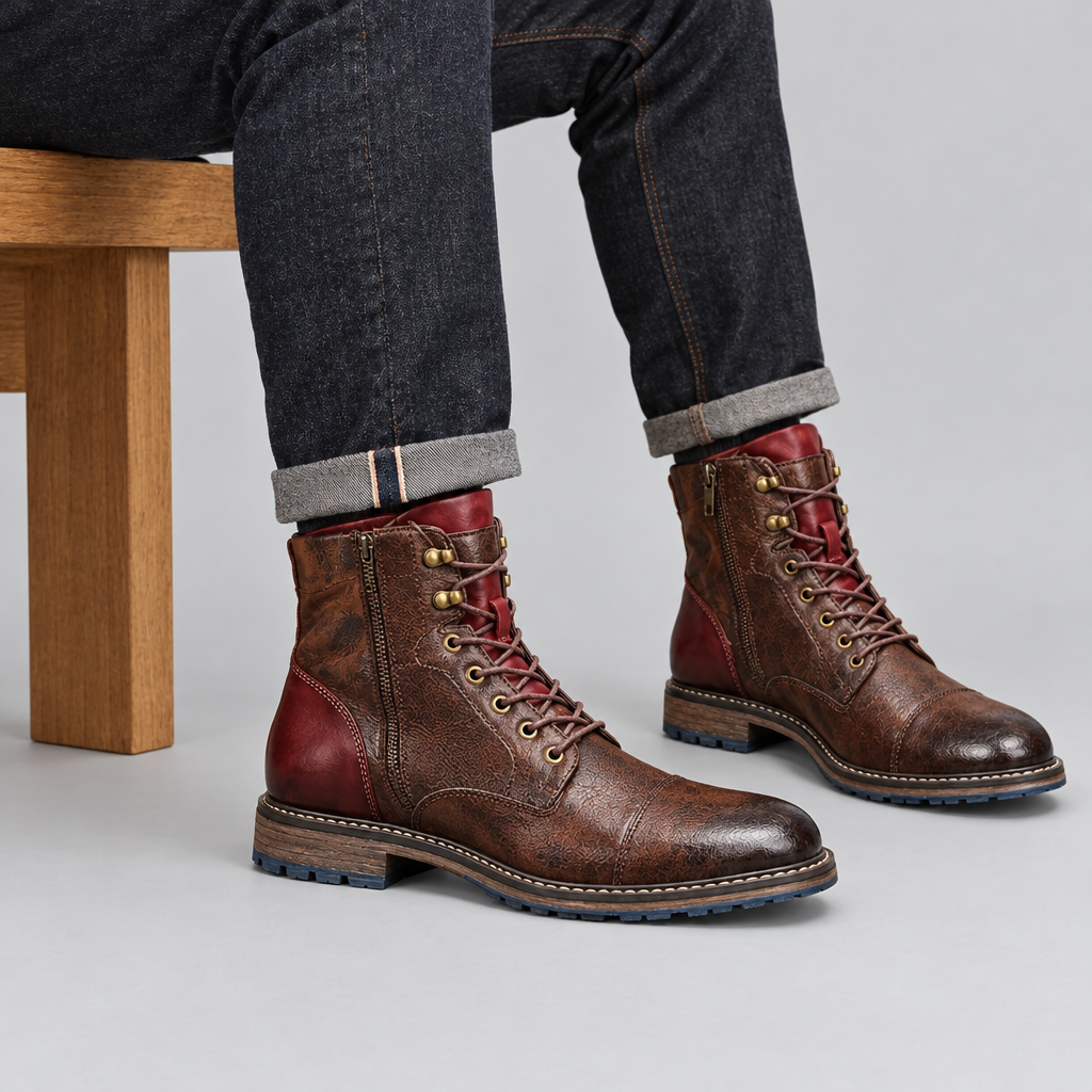 Brown lace up boots with side zip seen from the side, seated