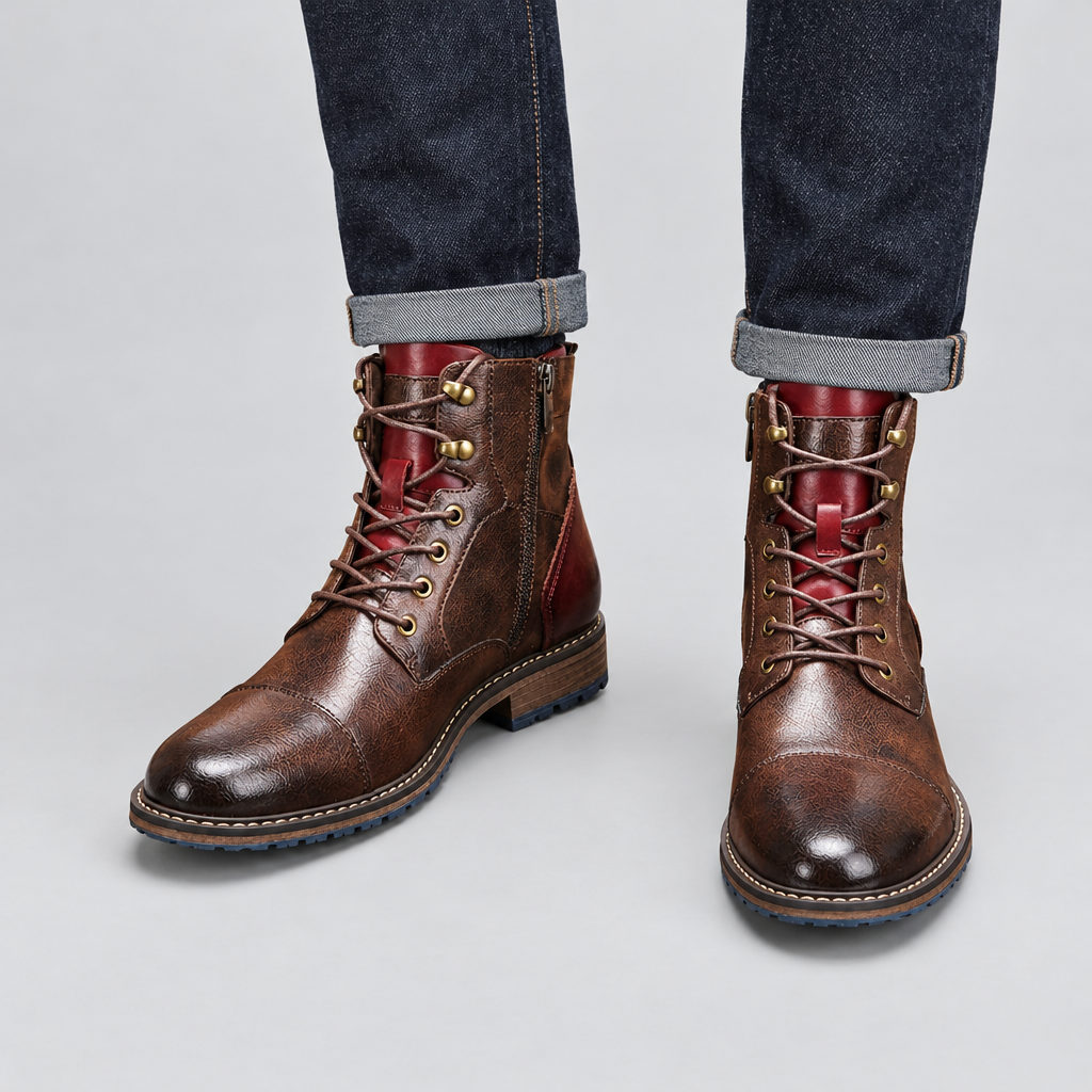Brown lace up boots with side zip worn with turned-up jeans, standing