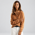Collared soft knit button cardigan in caramel, front view
