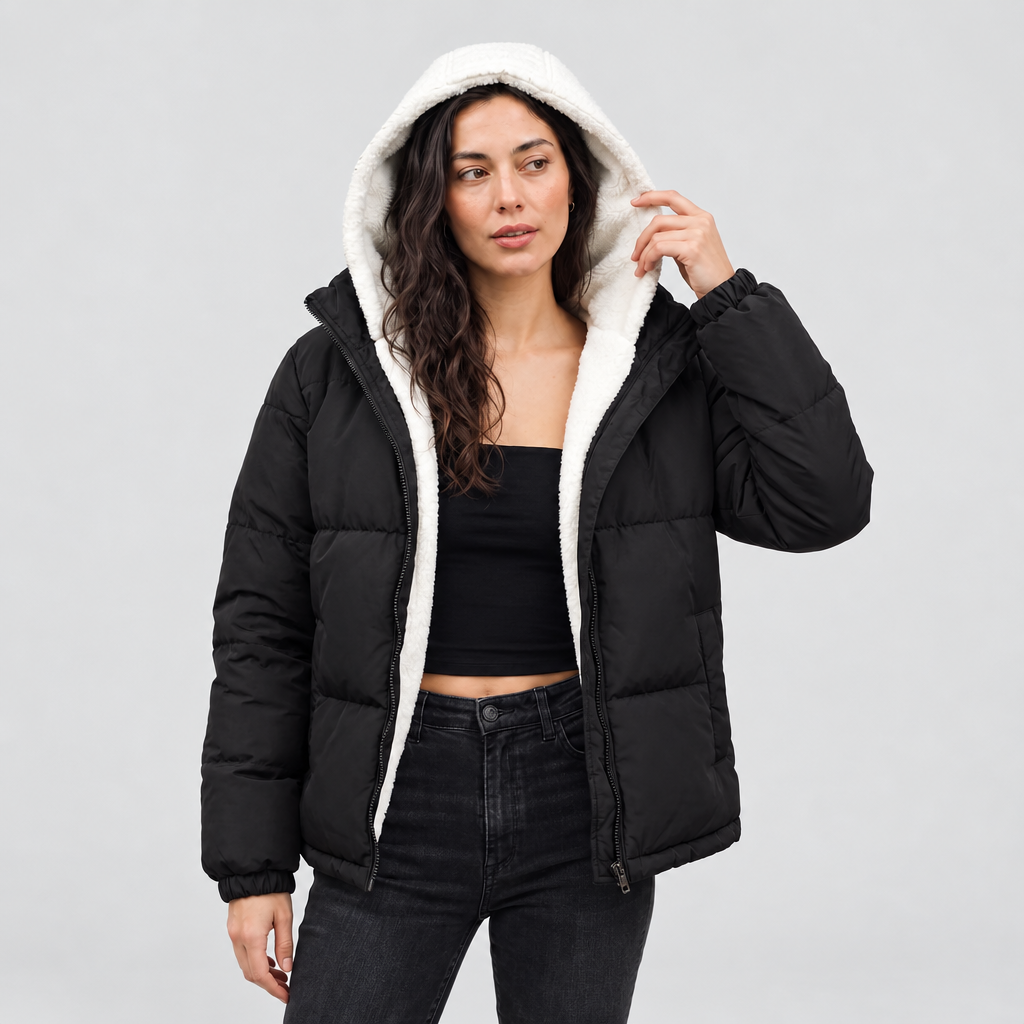 Sherpa lined hooded puffer jacket in black, front view