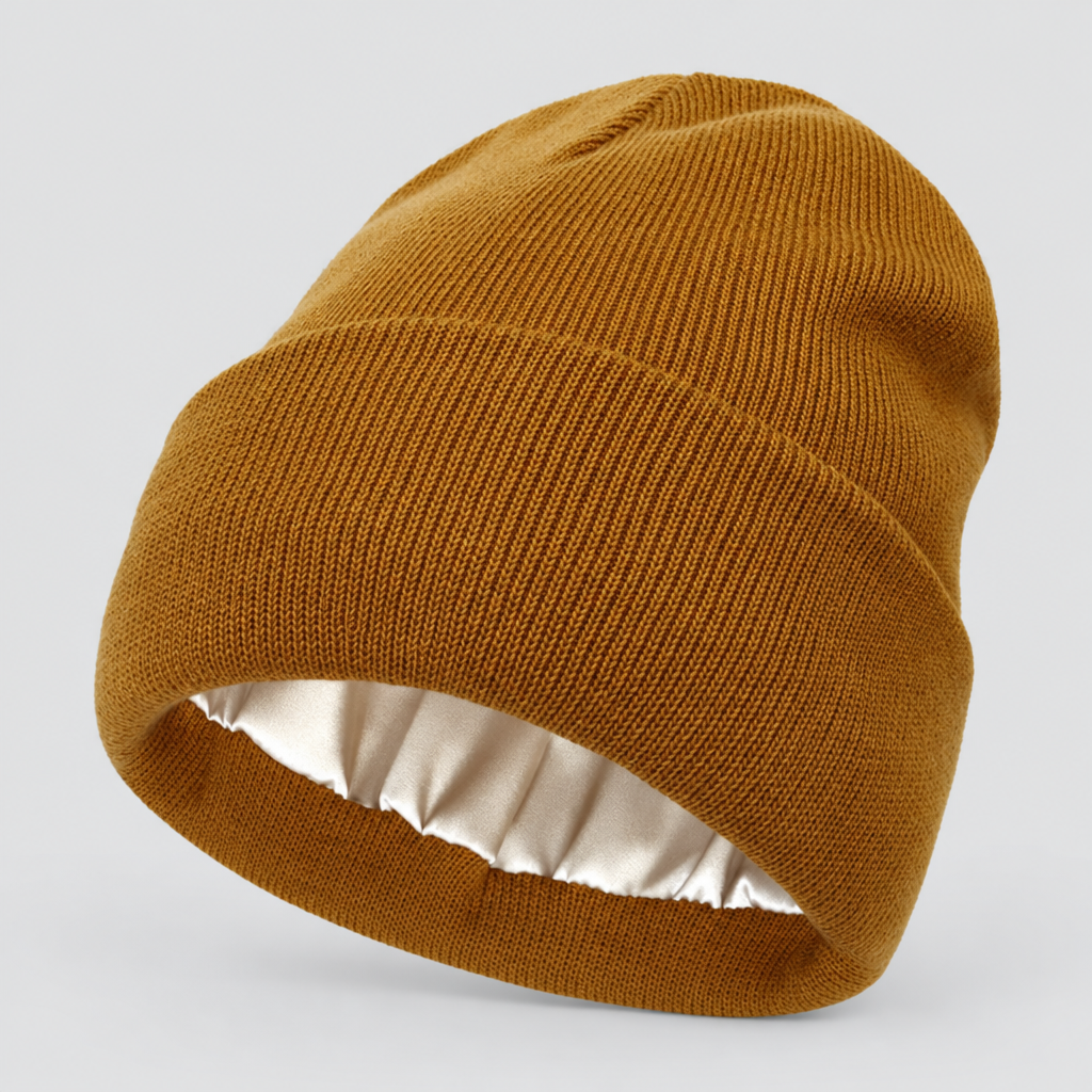 Satin lined wool-blend beanie in brown, folded cuff