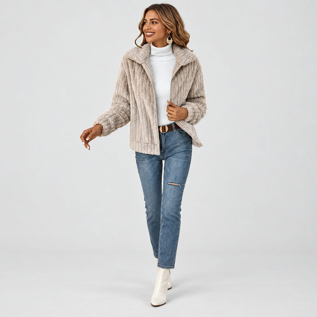 Longline fleece gilet in beige with zip front and pockets