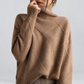 Oversized soft knit roll neck jumper in brown, front view