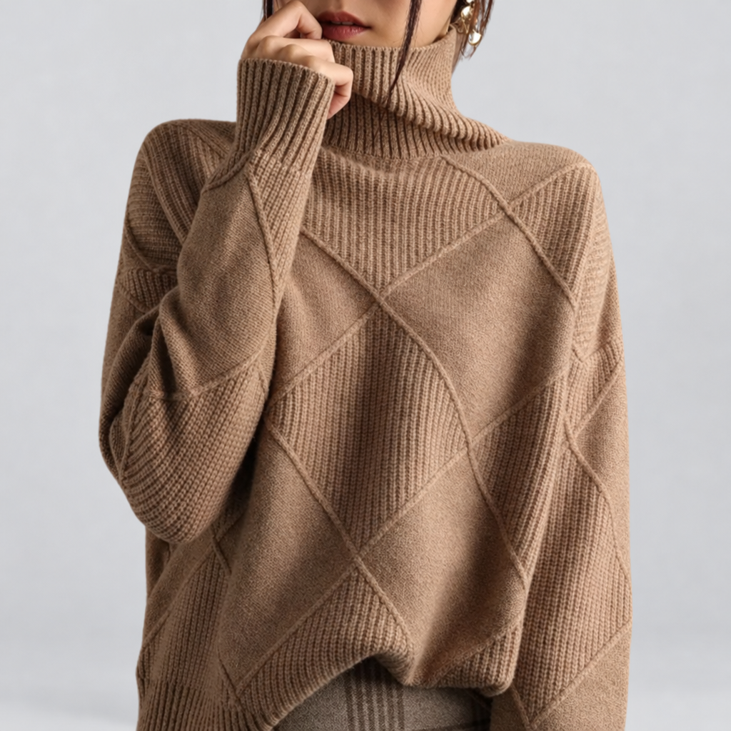 Oversized soft knit roll neck jumper in brown, front view