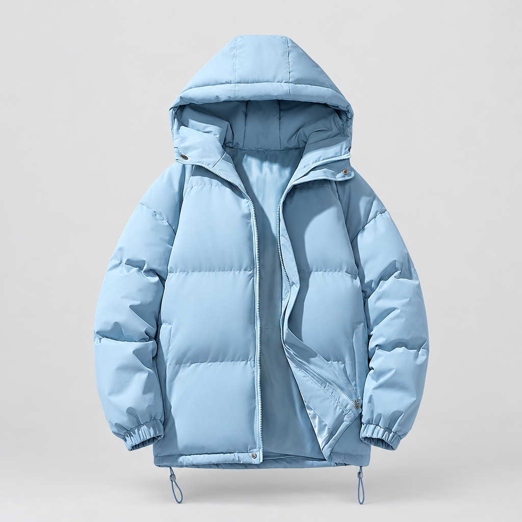 Quilted hooded puffer jacket in light blue, front view