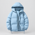 Quilted hooded puffer jacket in light blue, front view