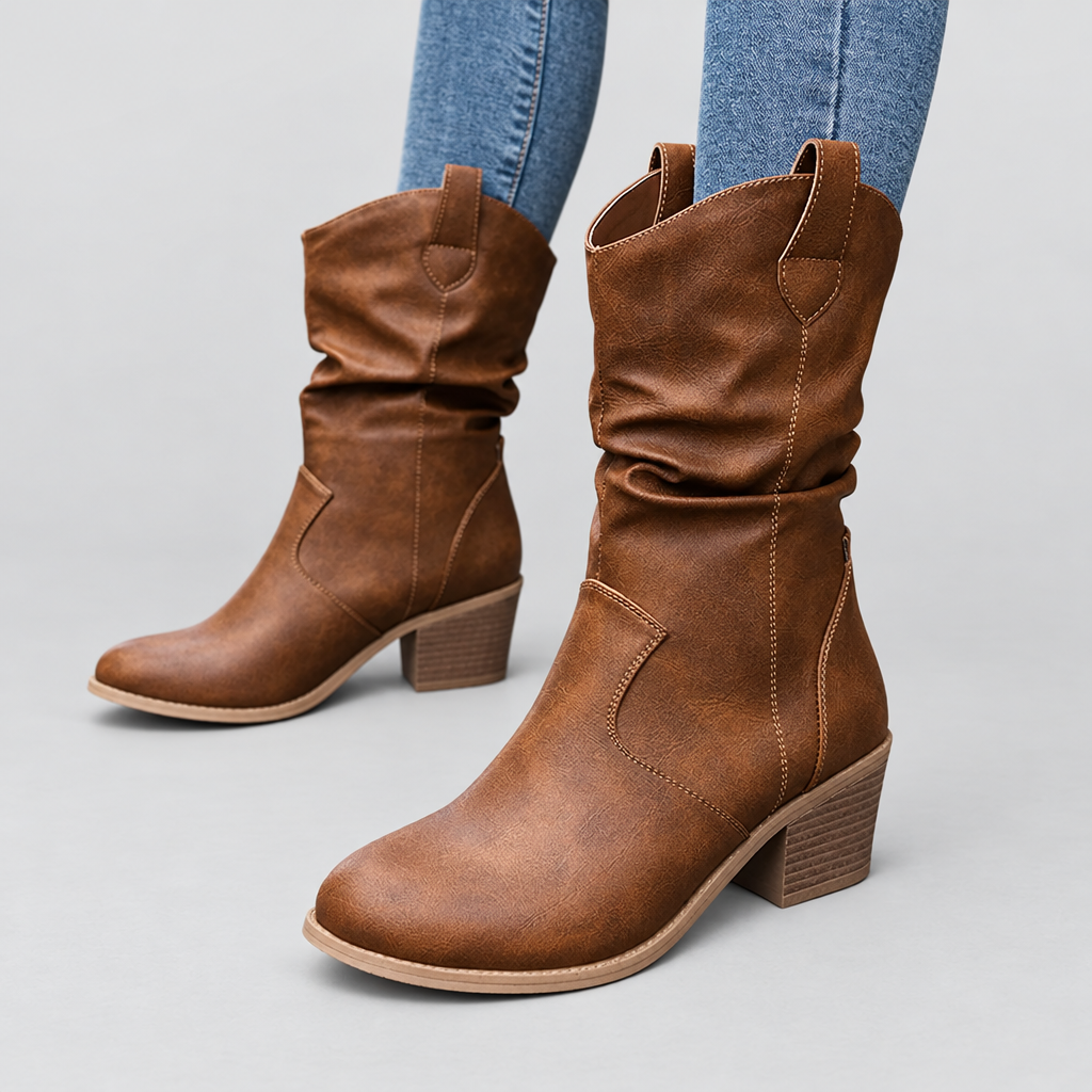 Slouchy western boots in camel with stacked block heel