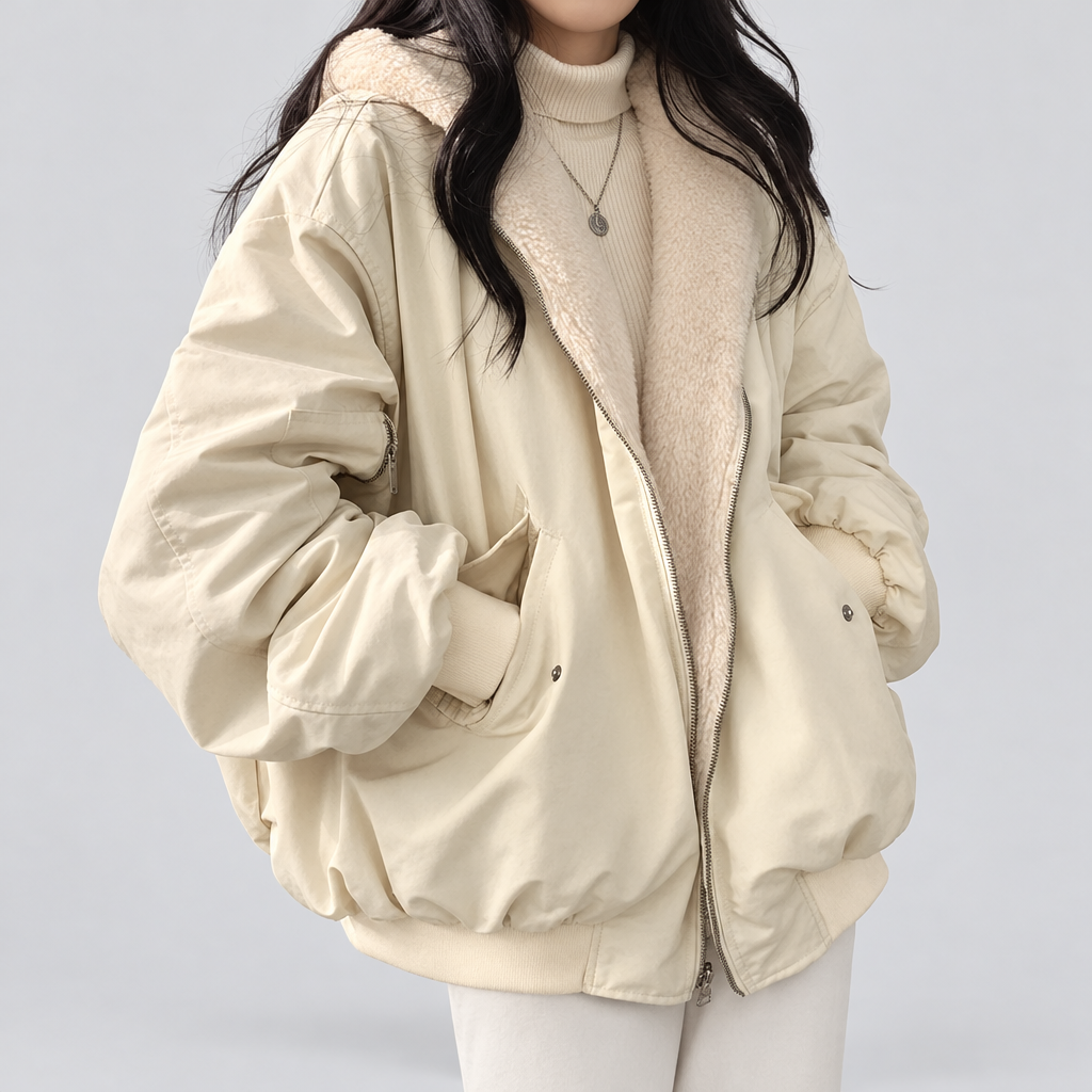 Oversized double layer winter jacket in beige, worn open