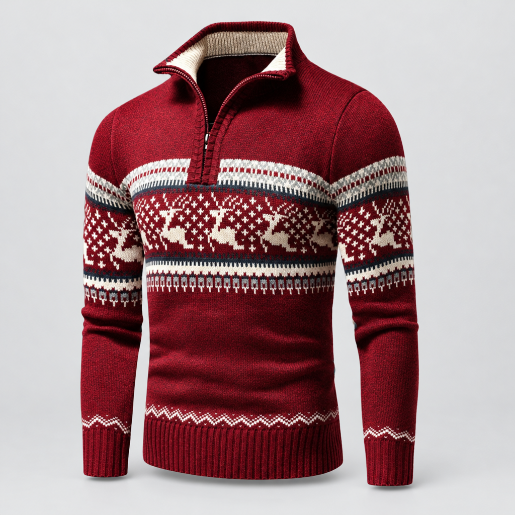 Half zip Nordic pattern jumper in red with stand collar