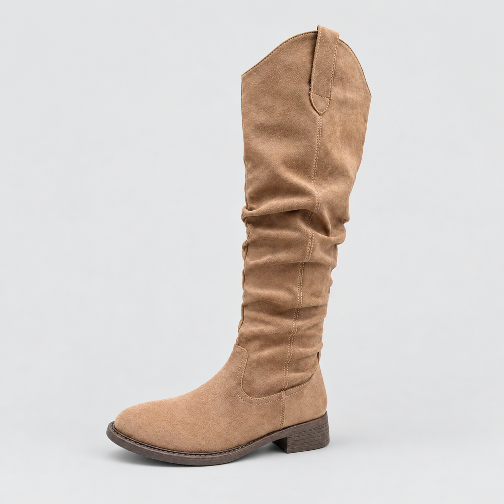 Slouchy knee high boots in khaki suede-look with block heel