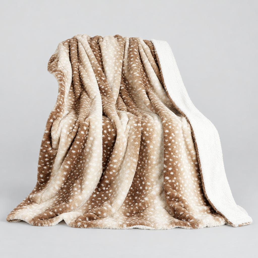 Reversible faux fur blanket with fawn print in beige