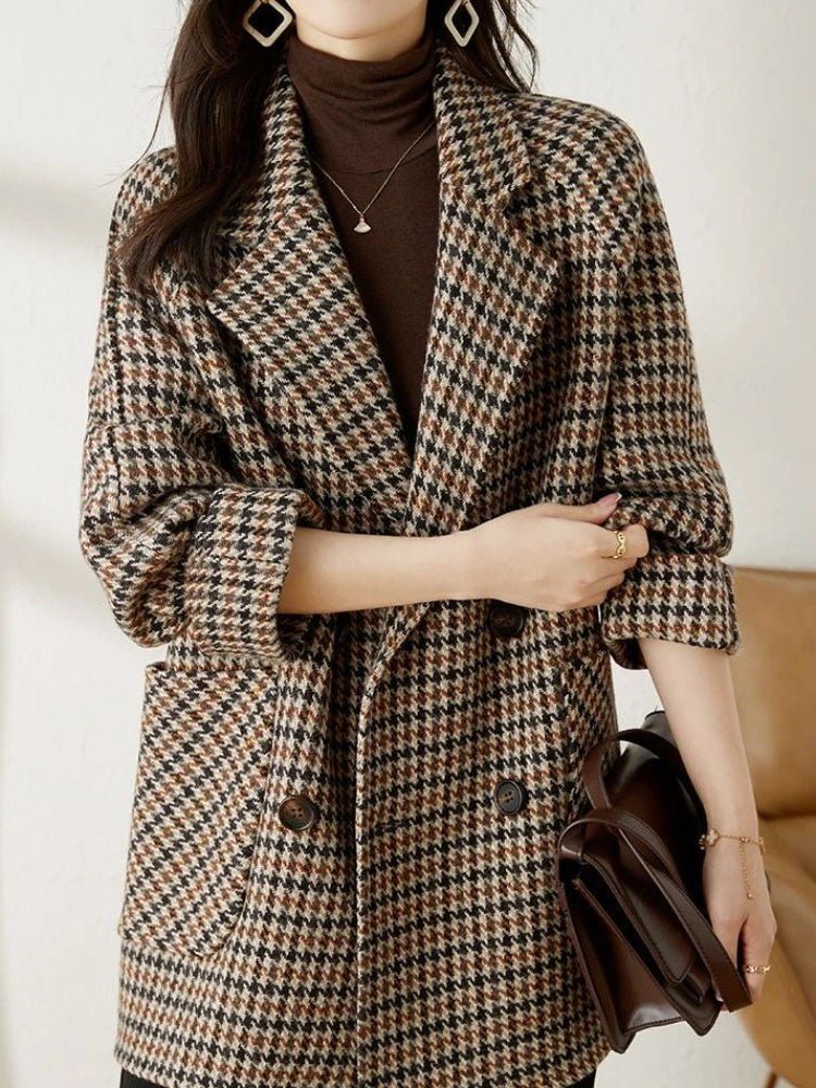 Houndstooth Blazer Coat Oversized Double-Breasted