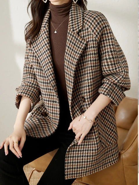Houndstooth Blazer Coat Oversized Double-Breasted