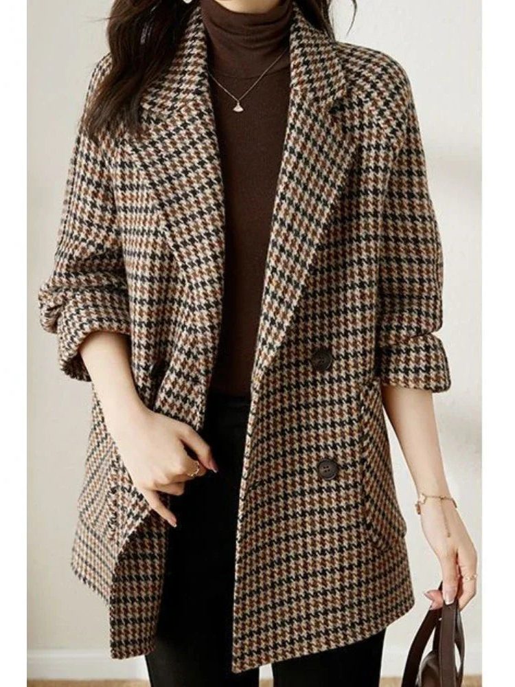 Houndstooth Blazer Coat Oversized Double-Breasted