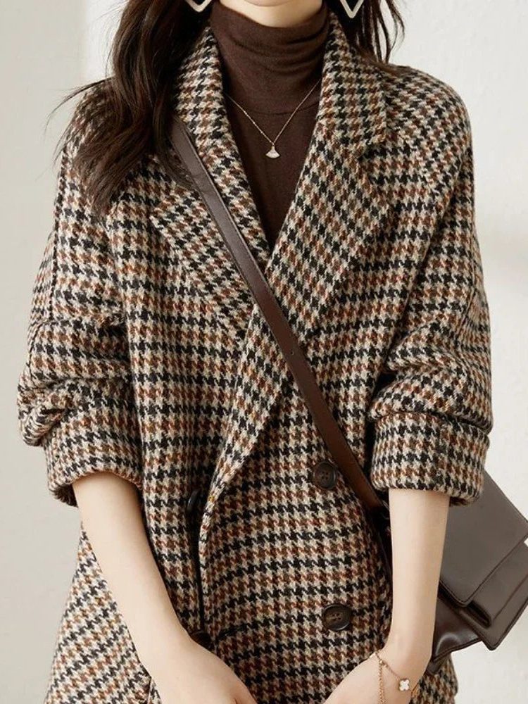 Houndstooth Blazer Coat Oversized Double-Breasted