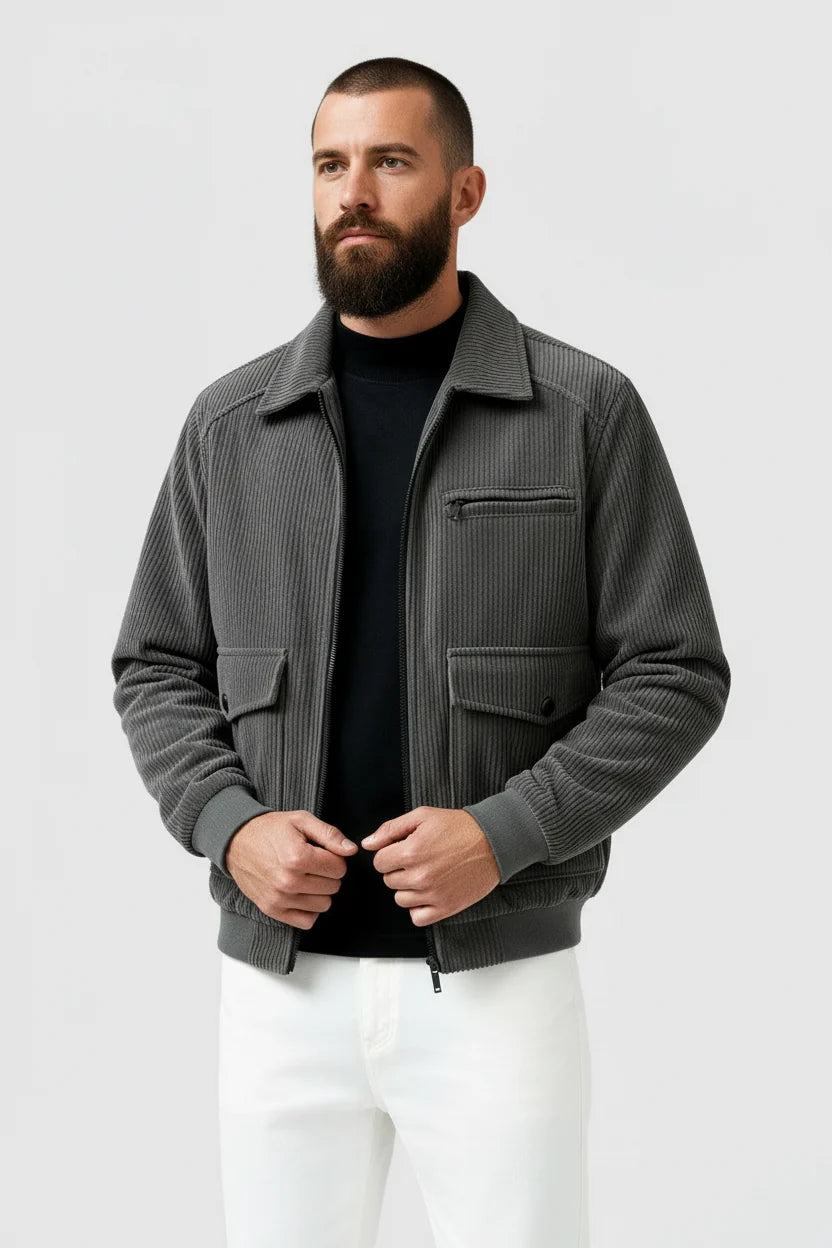 Corduroy Jacket Ribbed Cuffs Smooth Lining in grey, front view