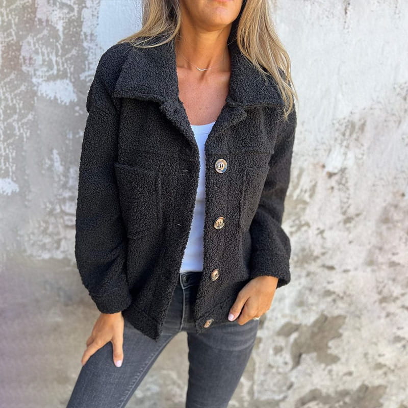 Lightweight button-front lapel autumn jacket in green, front view