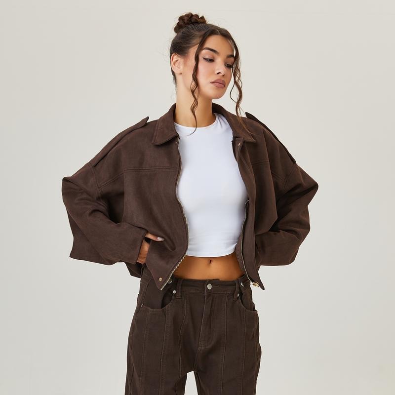 Suede-Look Bomber Jacket Satin Lining