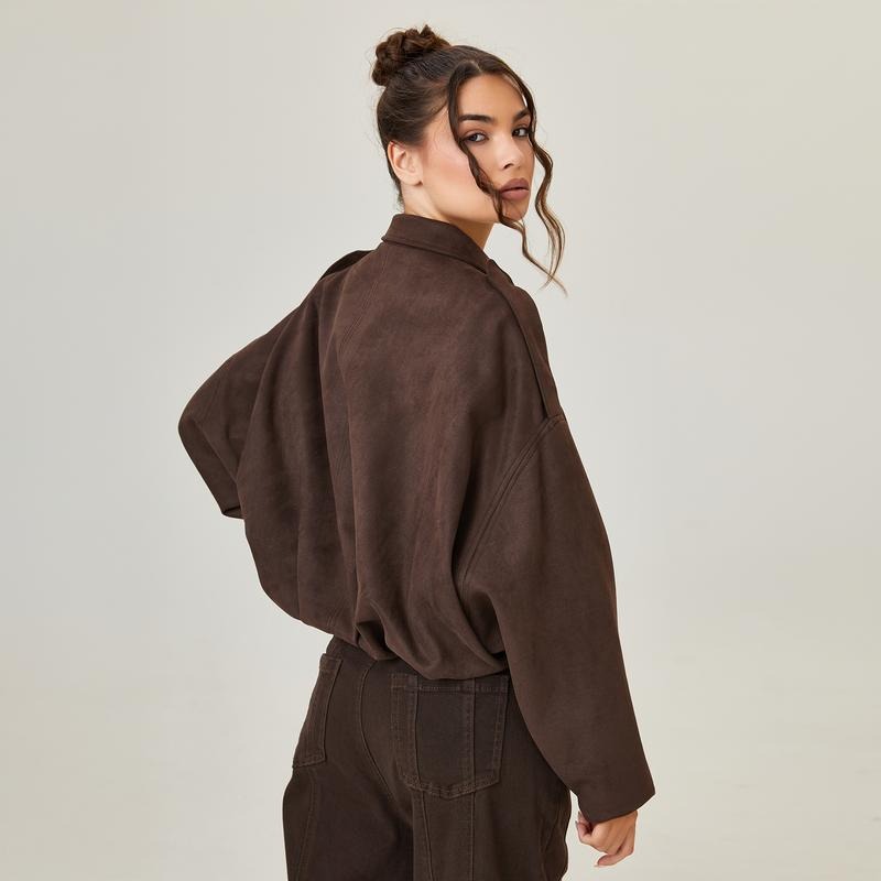 Suede-Look Bomber Jacket Satin Lining