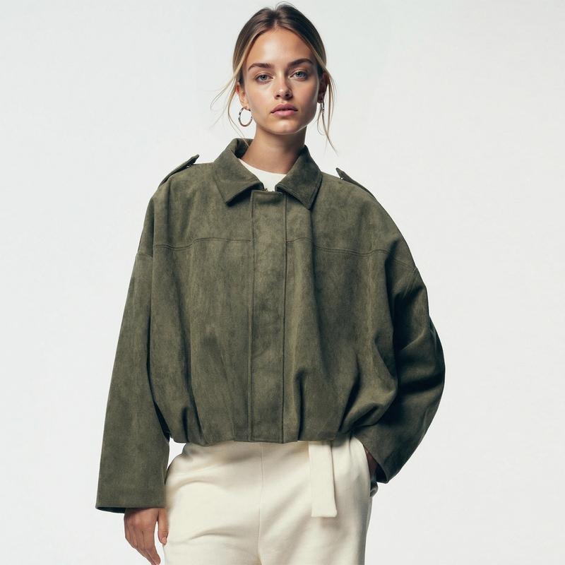 Suede-Look Bomber Jacket Satin Lining