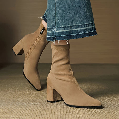 Ankle boots with block heel in brown, side view