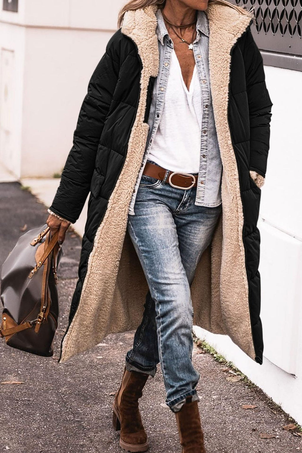 Reversible double sided long coat in black, front view