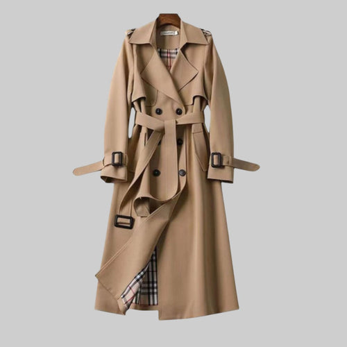 Belted double-breasted trench coat in beige, shown in a longline silhouette