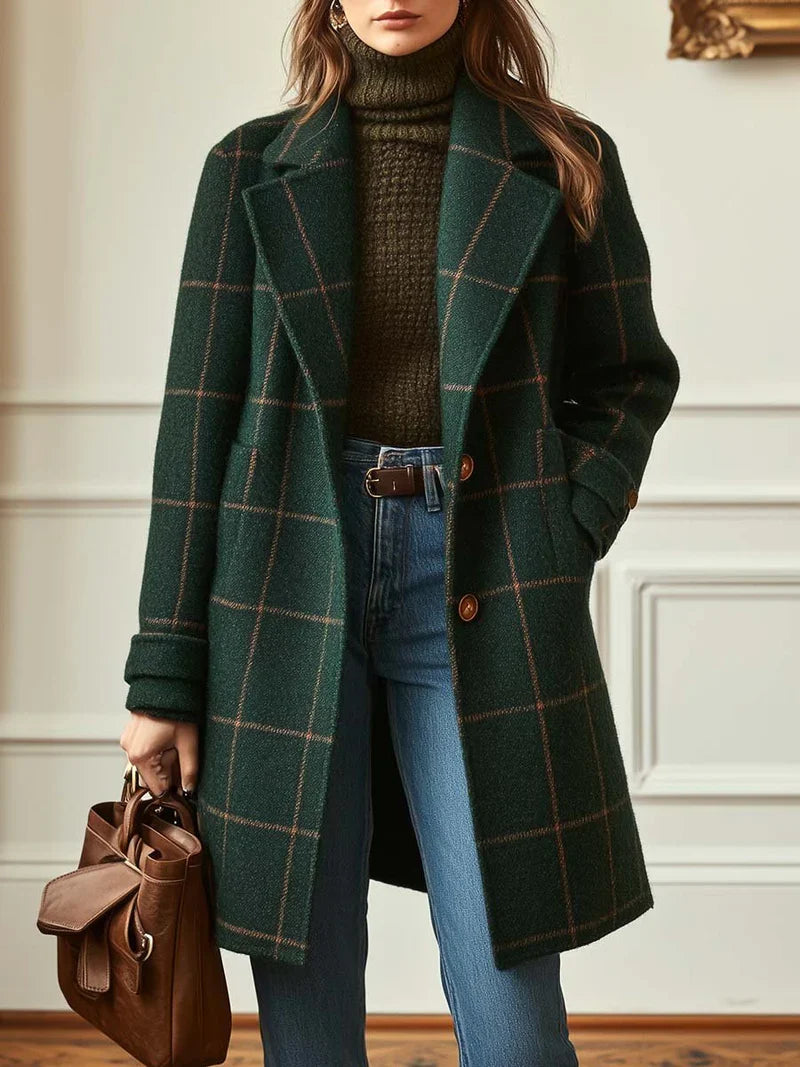 Tailored checked coat in green, front view