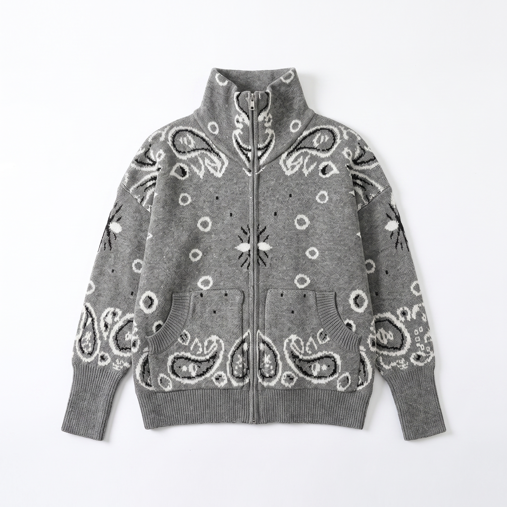 Paisley Print Zip Turtleneck Cardigan
