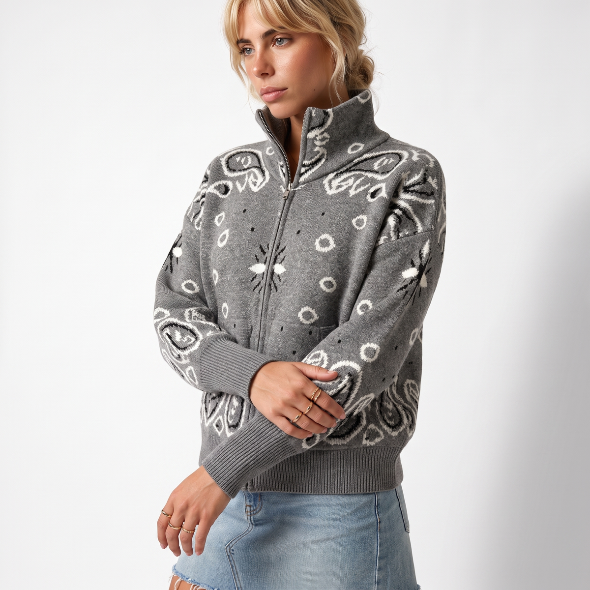 Paisley Print Zip Turtleneck Cardigan