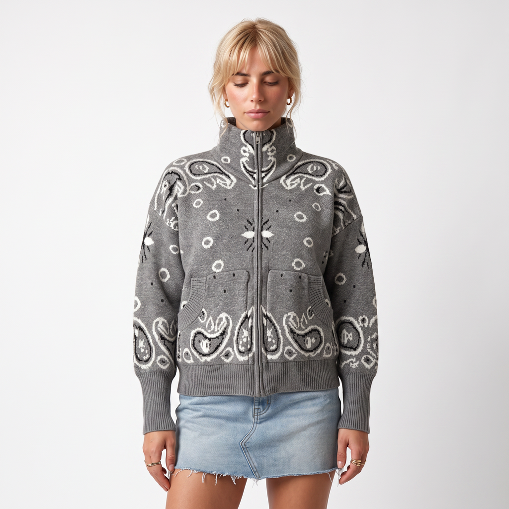 Paisley Print Zip Turtleneck Cardigan