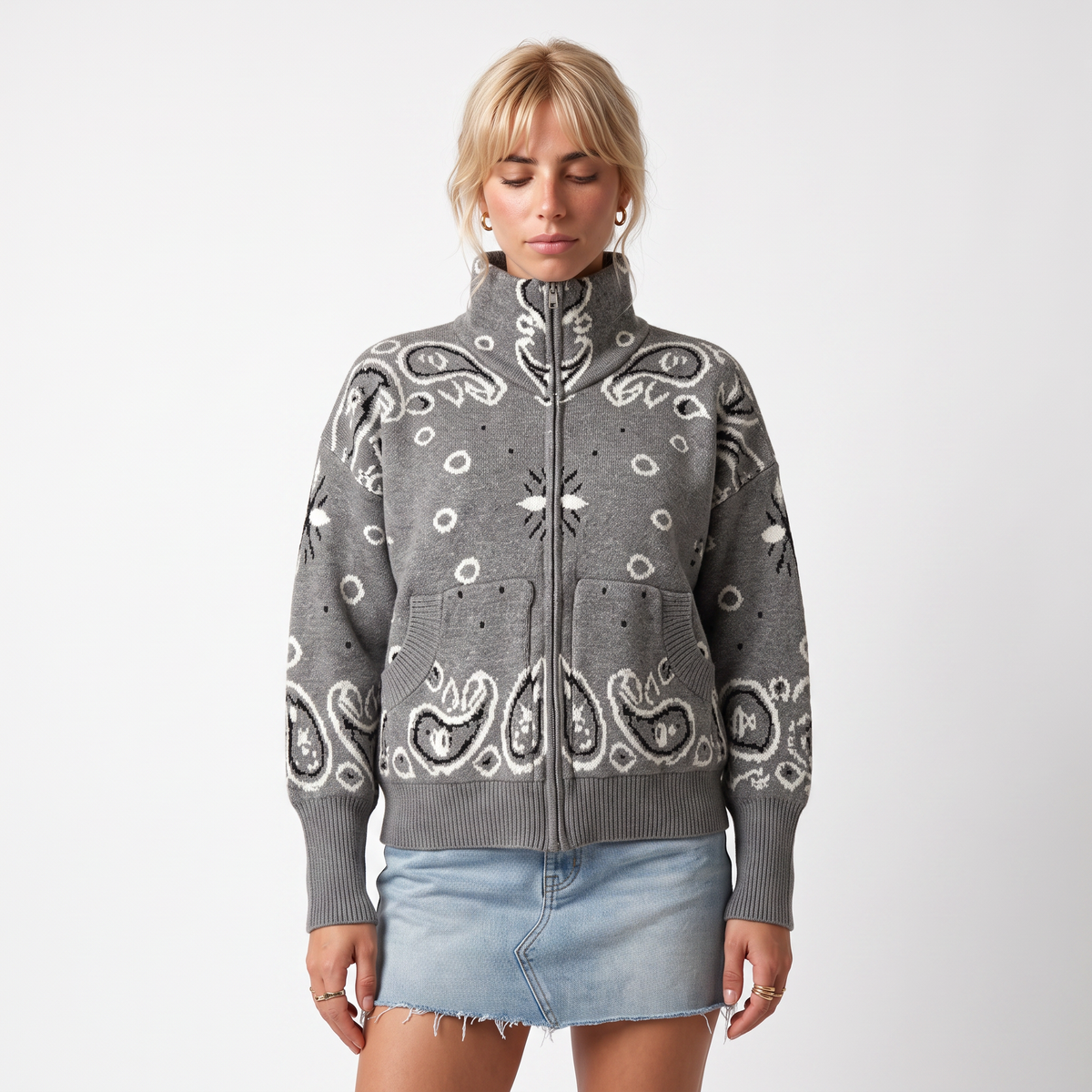 Paisley Print Zip Turtleneck Cardigan
