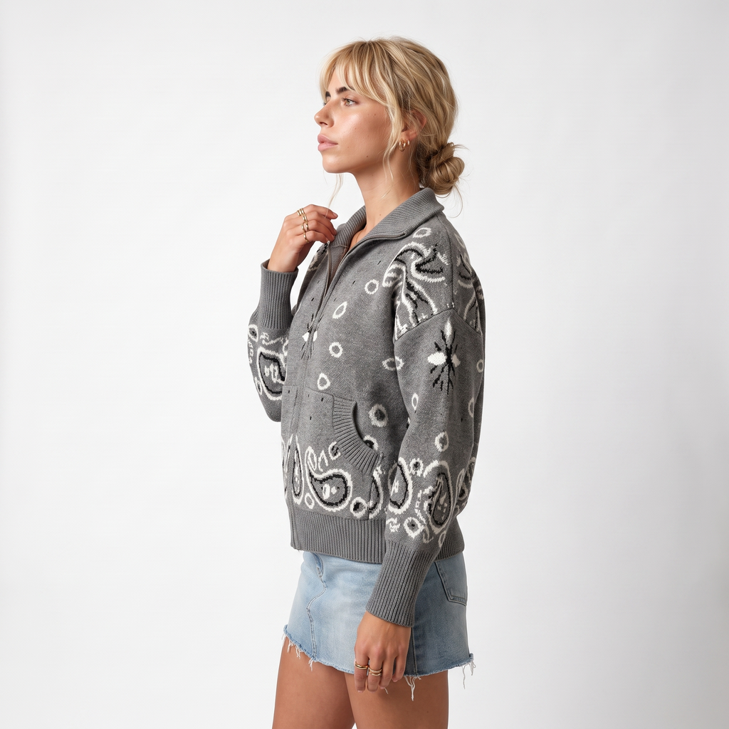 Paisley Print Zip Turtleneck Cardigan