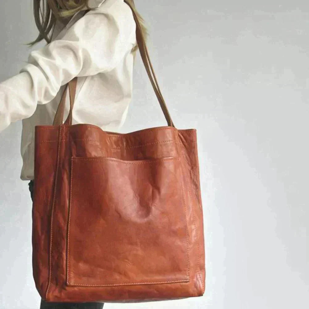 Leather-look roomy shoulder tote handbag in brown, front view