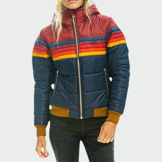 Waterproof insulated puffer jacket in navy blue, front view