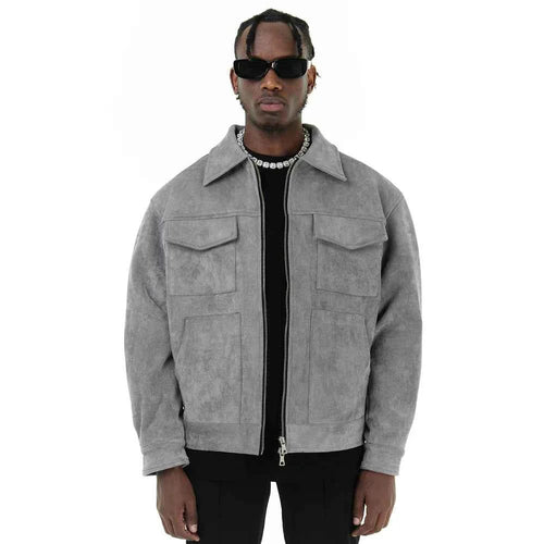 Bomber jacket in grey with ribbed trim, front view