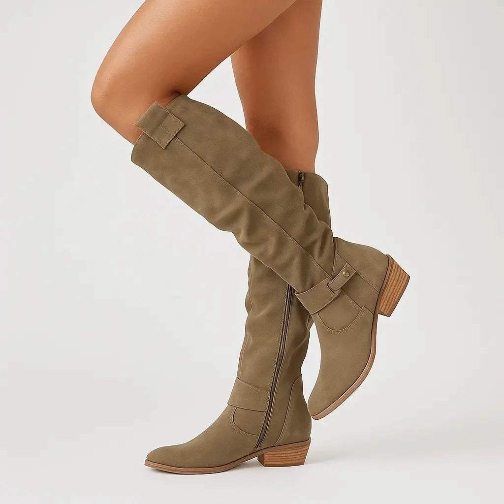 Knee High Boots Suede-Look Block Heel
