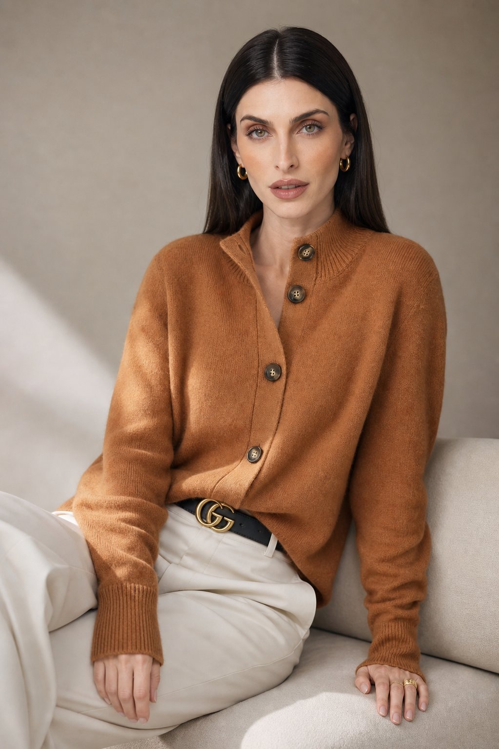 Soft knit button front cardigan in fire orange, front view