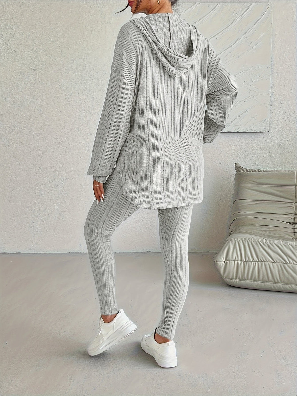 Lounge Set Ribbed Knit Hooded Two Piece