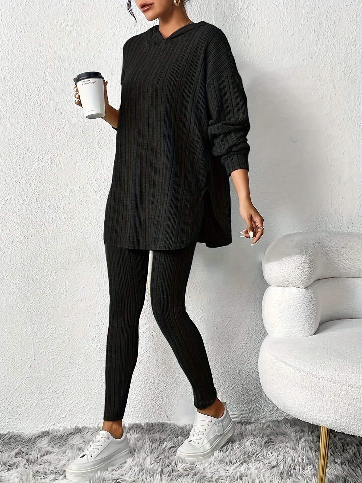 Lounge Set Ribbed Knit Hooded Two Piece