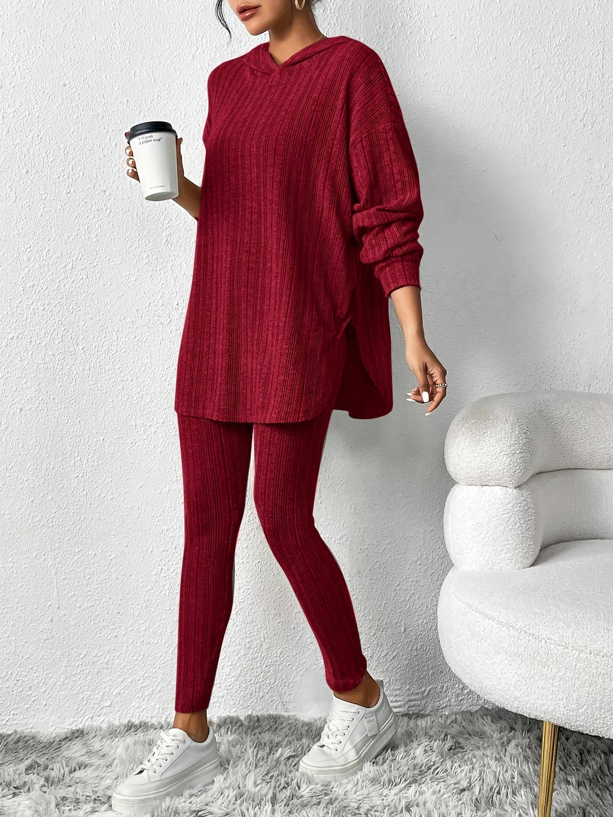 Lounge Set Ribbed Knit Hooded Two Piece