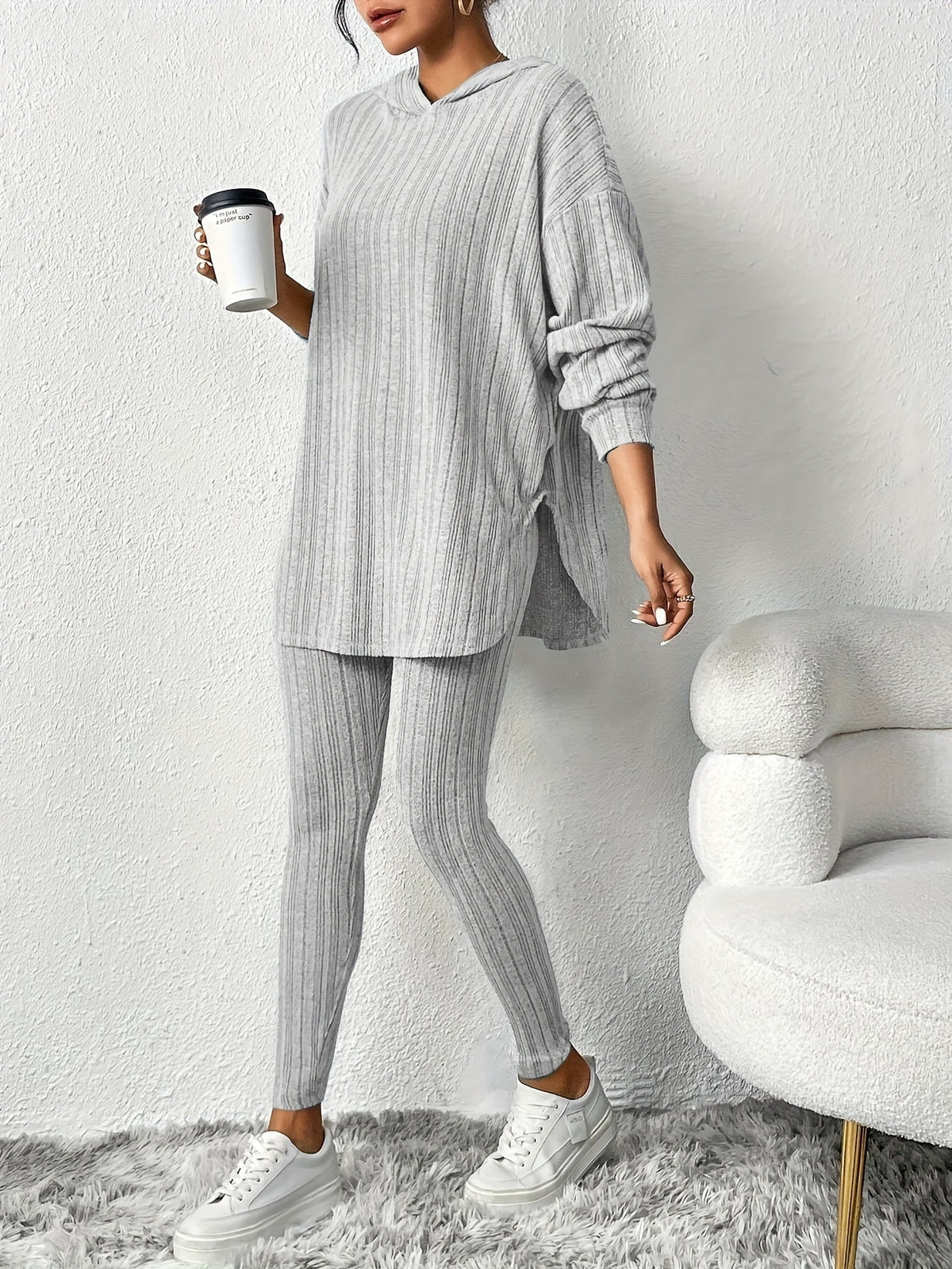 Lounge Set Ribbed Knit Hooded Two Piece