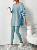 Ribbed knit hooded lounge set in black, front view
