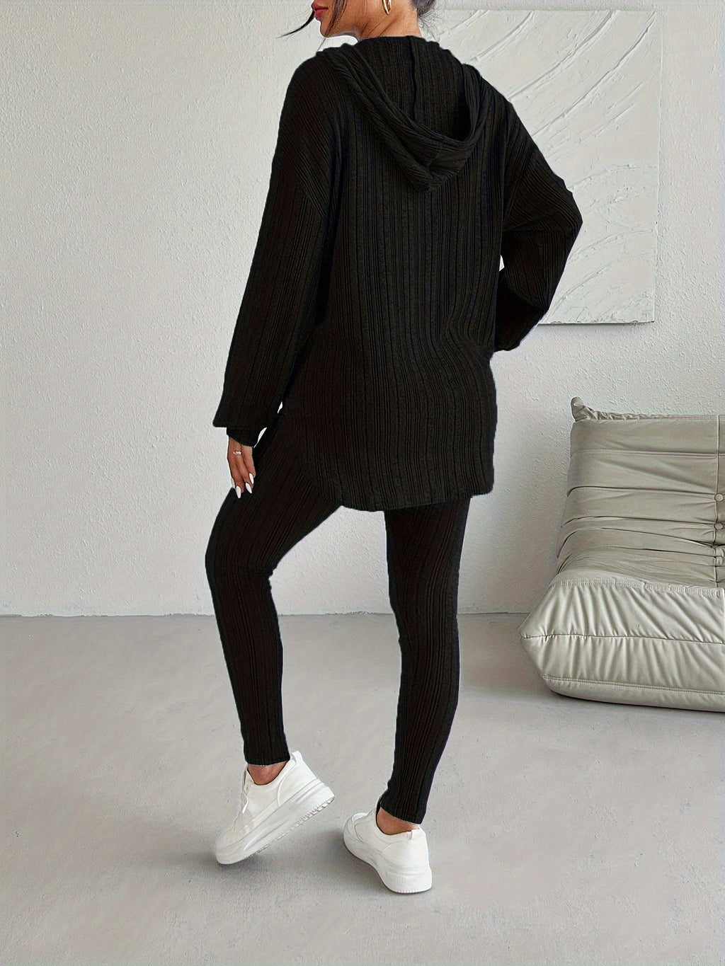 Lounge Set Ribbed Knit Hooded Two Piece