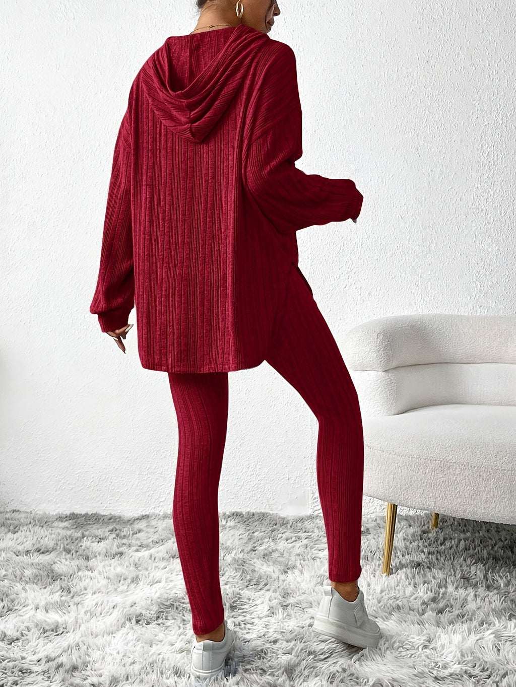 Lounge Set Ribbed Knit Hooded Two Piece