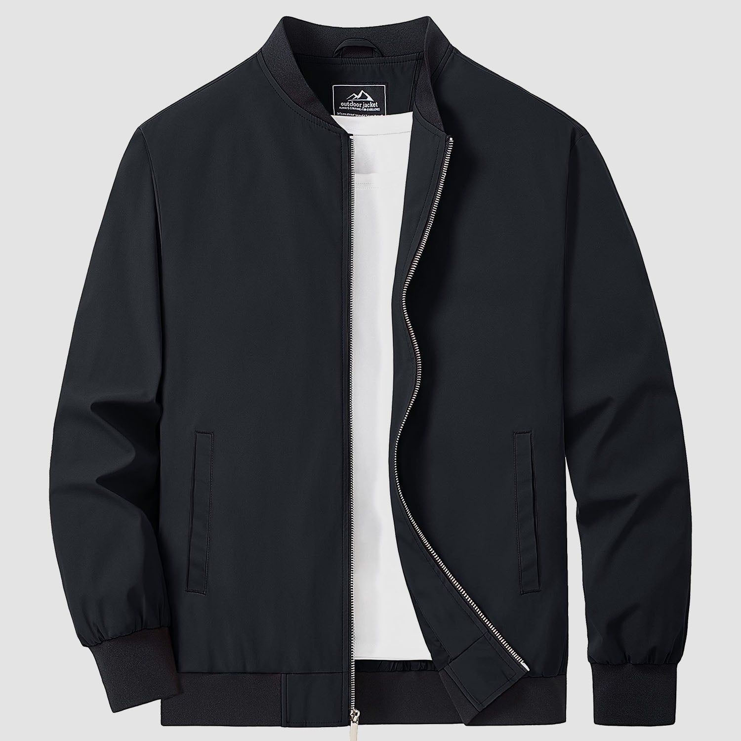 Lightweight bomber windbreaker jacket in black, front view